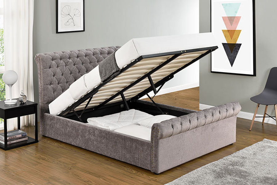 قاب تخت خواب 1208G Chesterfield Chenille-Velvet Sleigh Ottoman Storage